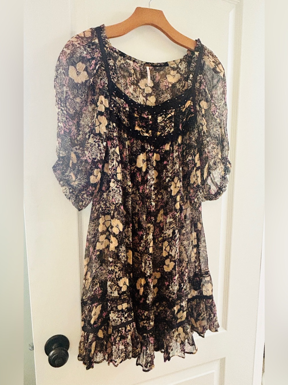 Free People Sheer Bohemian Floral Black and Cream Peasant Top/Mini - M